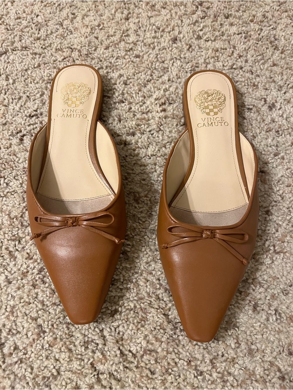Vince Camuto Cognac Pointed-Toe Slip-On Mules with Bow